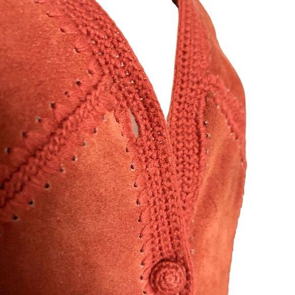 Vintage 70s Ms. Today Suede Leather Crochet Button Front Dress Rust Size M/14 - Picture 7 of 9